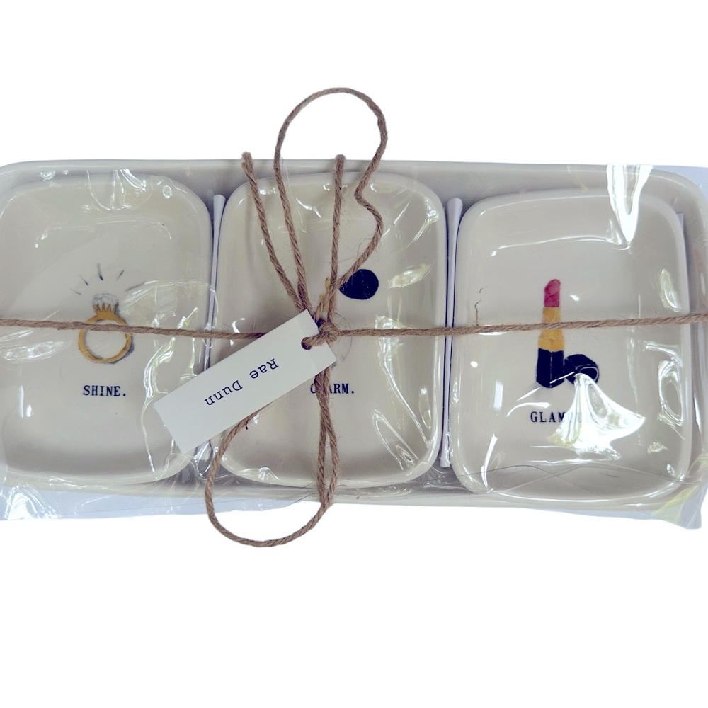 Rae Dunn HELLO GORGEOUS Tray SHINE CHARM GLAMOUR Dishes Makeup Organizer Holder